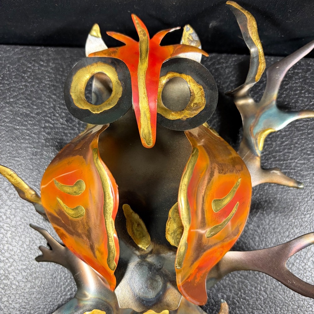 Vintage Brutalist Owl Sculpture Metal Enamel Mid Century Modern Art 6" - Picture 7 of 12